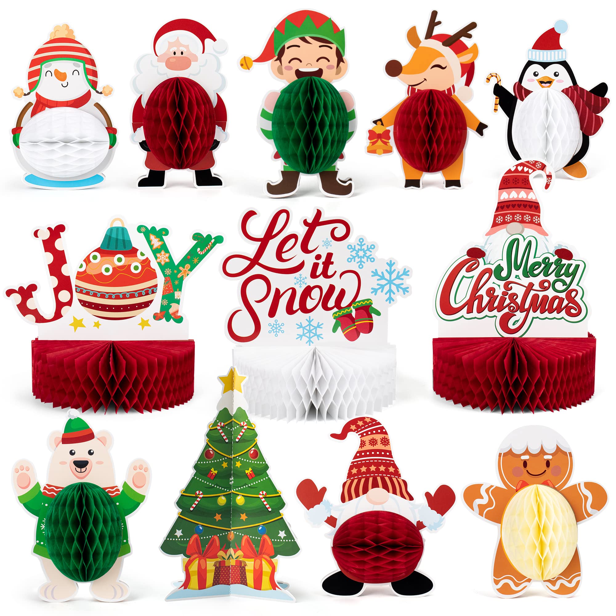 12 Pack Christmas Party Honeycomb Centerpieces for Table Decorations, Xmas Center Pieces Table Topper with Gnome Santa Snowman Tabletop Centerpieces Decor Holidays Winter Office Party Supplies