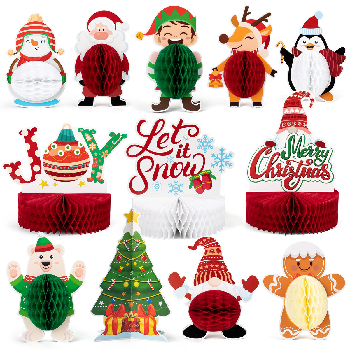 12 Pack Christmas Party Honeycomb Centerpieces for Table Decorations, Xmas Center Pieces Table Topper with Gnome Santa Snowman Tabletop Centerpieces Decor Holidays Winter Office Party Supplies