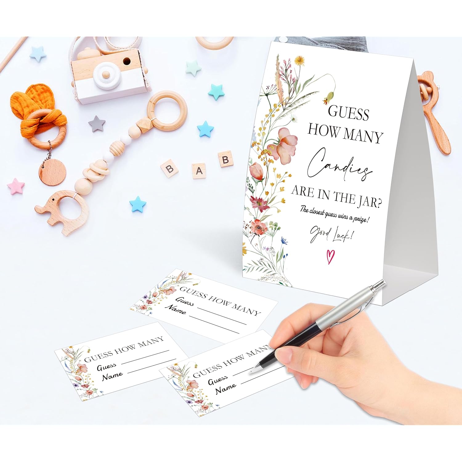 Boho Wildflower Guess How Many Candies Are In The Jar Game For Baby Shower, Pack Of One 5X7 Sign And 50 Guessing Cards, Boho Baby Shower Decoration, Gender Neutral Party Supplies - Gc02