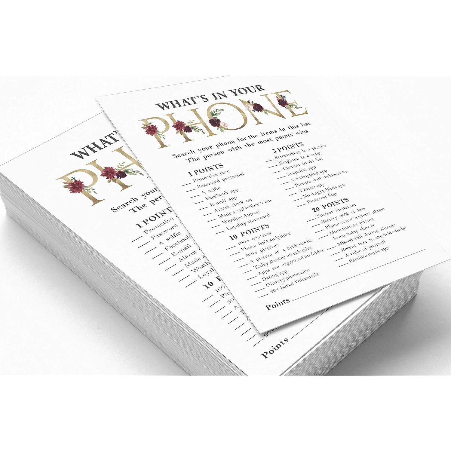 Bridal Shower Game Wedding Shower Bachelorette Party Bulk Activity Game Cards 50-Pack Floral Whats On Your Phone