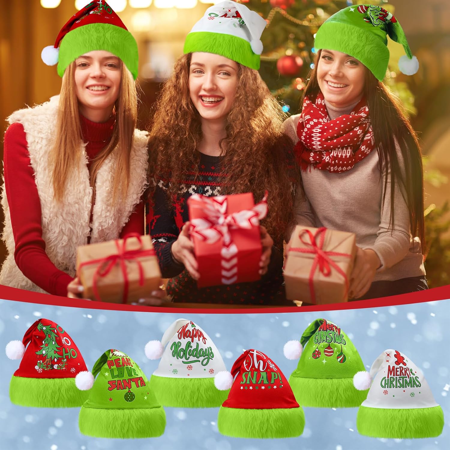 6 Pcs Christmas Santa Hat Elf Christmas Classic Santa Cap Red And Green Unisex Velvet Hat With Fur Trim For Adult Men Women Costume Xmas Holiday Party Gifts