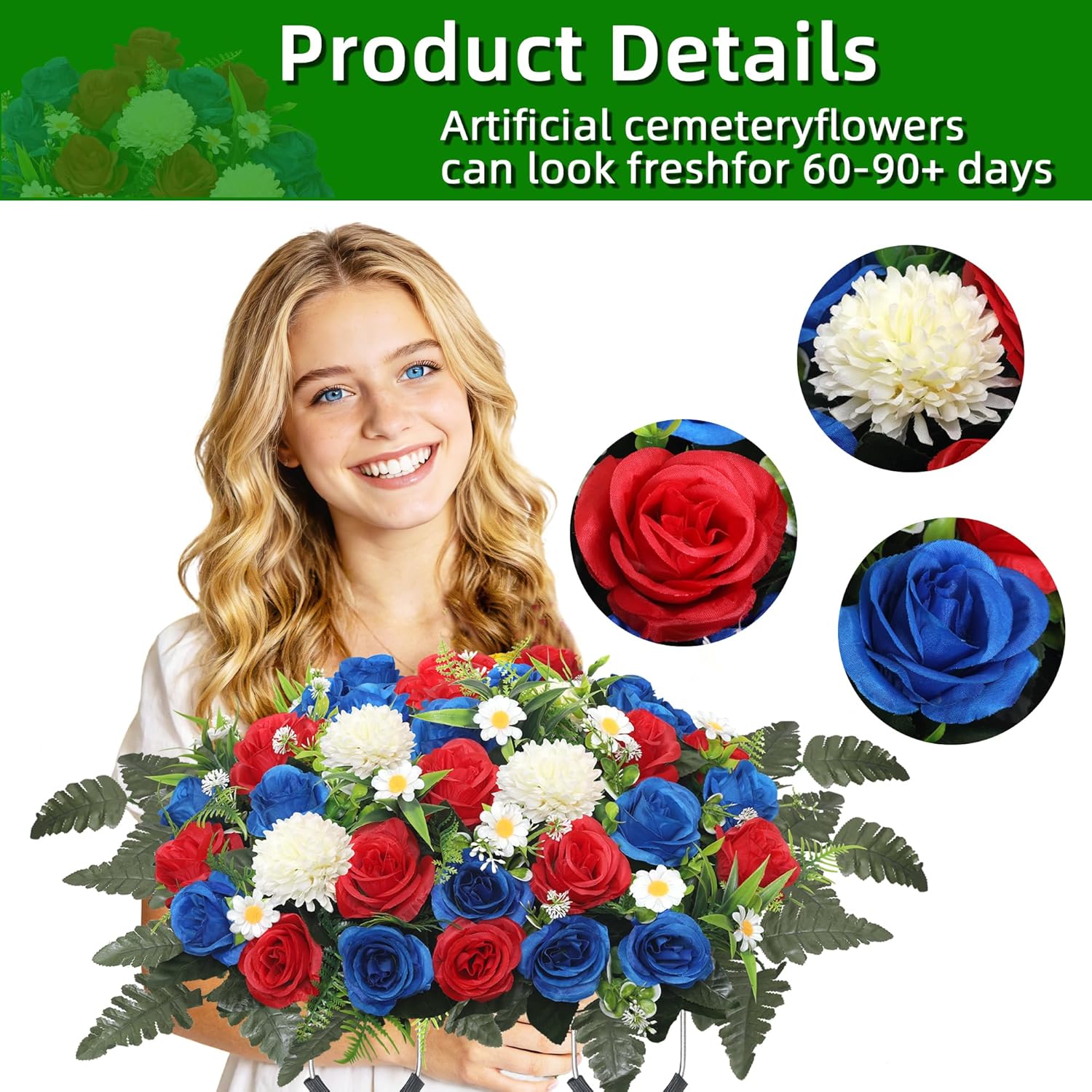 Headstone Flower Saddle,Large Artificial Cemetery Flowers For Grave Roses & Chrysanthemums Cemetery Memorial Flowers For Outdoor Grave Decorations (Red)