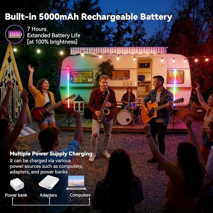 2 Pack 4FT RGB Tube Lights with Stands 5000mAh Battery 500 Modes Remote Dimmable Video Light