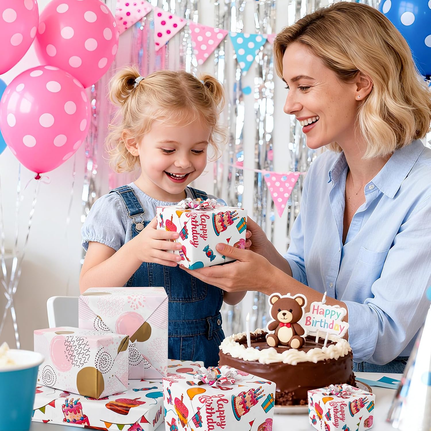 Reversible Birthday Wrapping Paper, Pink Wrapping Paper Mini Roll, Colorful Balloons And Cake Designs For Birthday Christmas Holiday Wedding Baby Shower, 17 Inch X 32.8 Feet