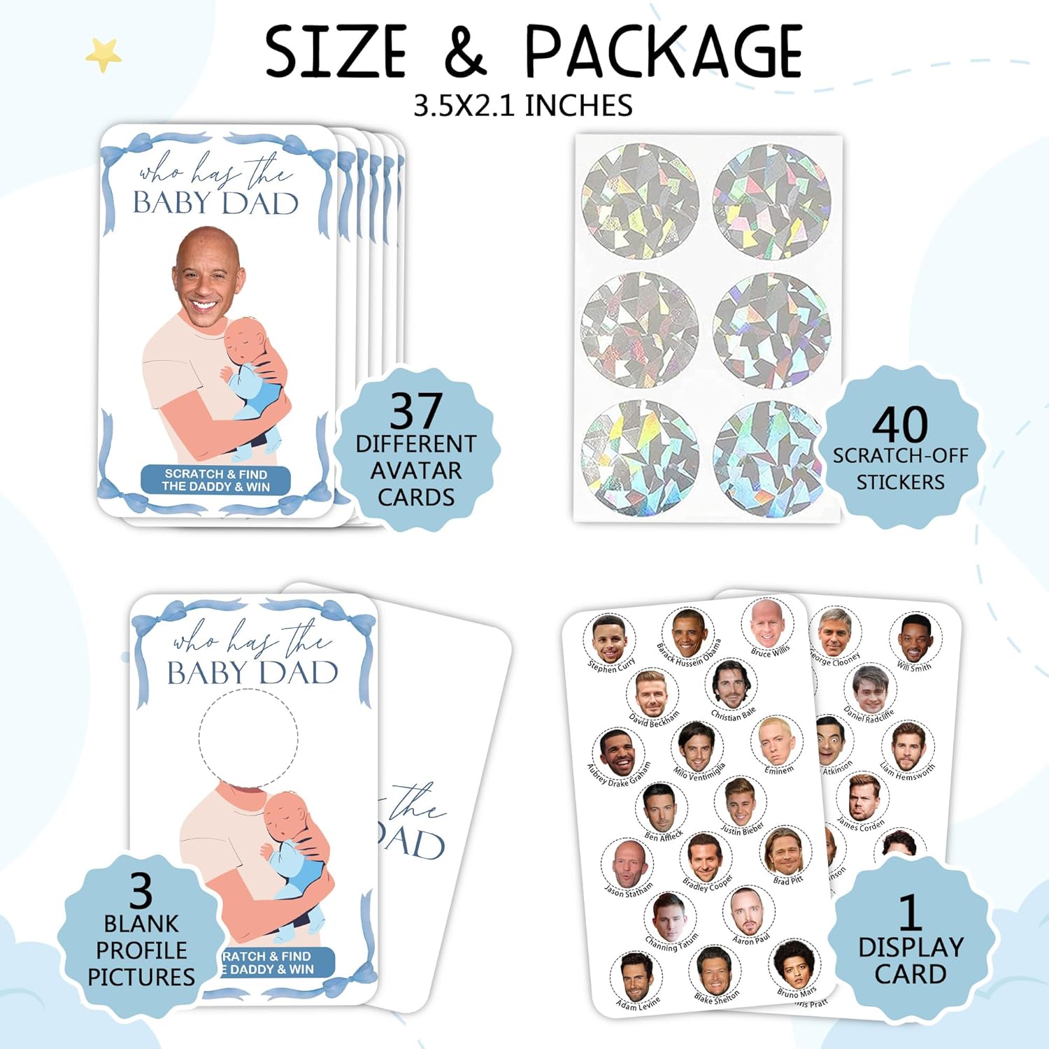 41 Sheet Blue Bow Baby Shower Scratch Off Game, Who Has The Dad-To-Be Scratch Off, 3.5 X 2.1 In Funny Baby Shower Games Ideas For Party Guests - Gender Reveal Party Decor-Mt07