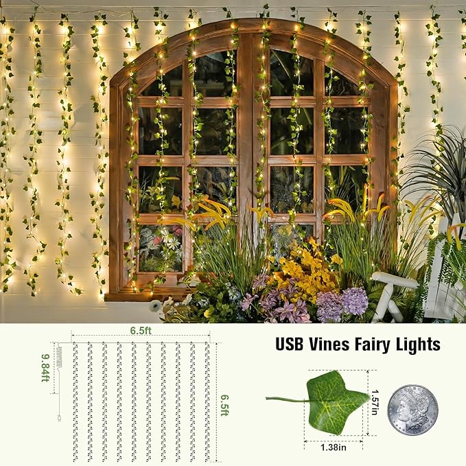 200 LED Ivy Vine Fairy Lights with Remote 6.5FT x 6.5FT Artificial Leaf String Lights for Bedroom Wall Curtain Wedding Party Christmas Indoor Decor