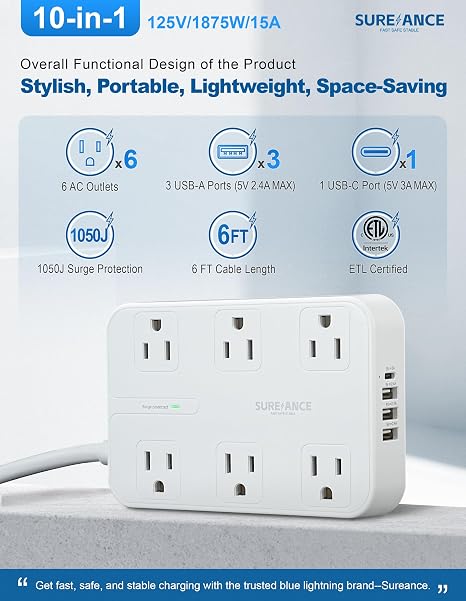 6 Outlet Surge Protector Power Strip 4 USB Ports USB C 1050J 6 Ft Flat Plug
