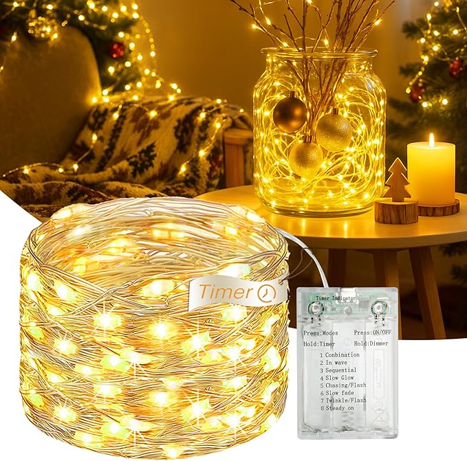 16FT 50 LED Fairy Lights Battery Operated Warm White String Lights with Timer 8 Modes USB Mini Twinkle Lights for Bedroom Wedding Decor