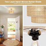 16 Inch Boho Rattan Semi Flush Mount Ceiling Light 3 Light Gold Farmhouse Fixture