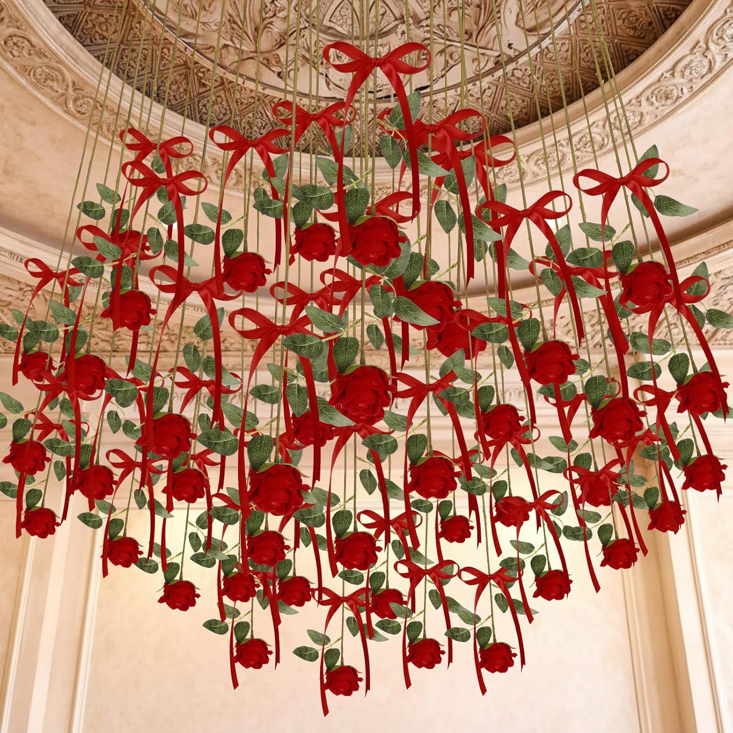 15 Set Valentine'S Flower Rose Decoration Artificial Rose Hanging Flowers With Red Ribbon Bow Garland Ceiling Decor For Wedding Bridal Shower Party Diy Floral Arrangement Home Decor