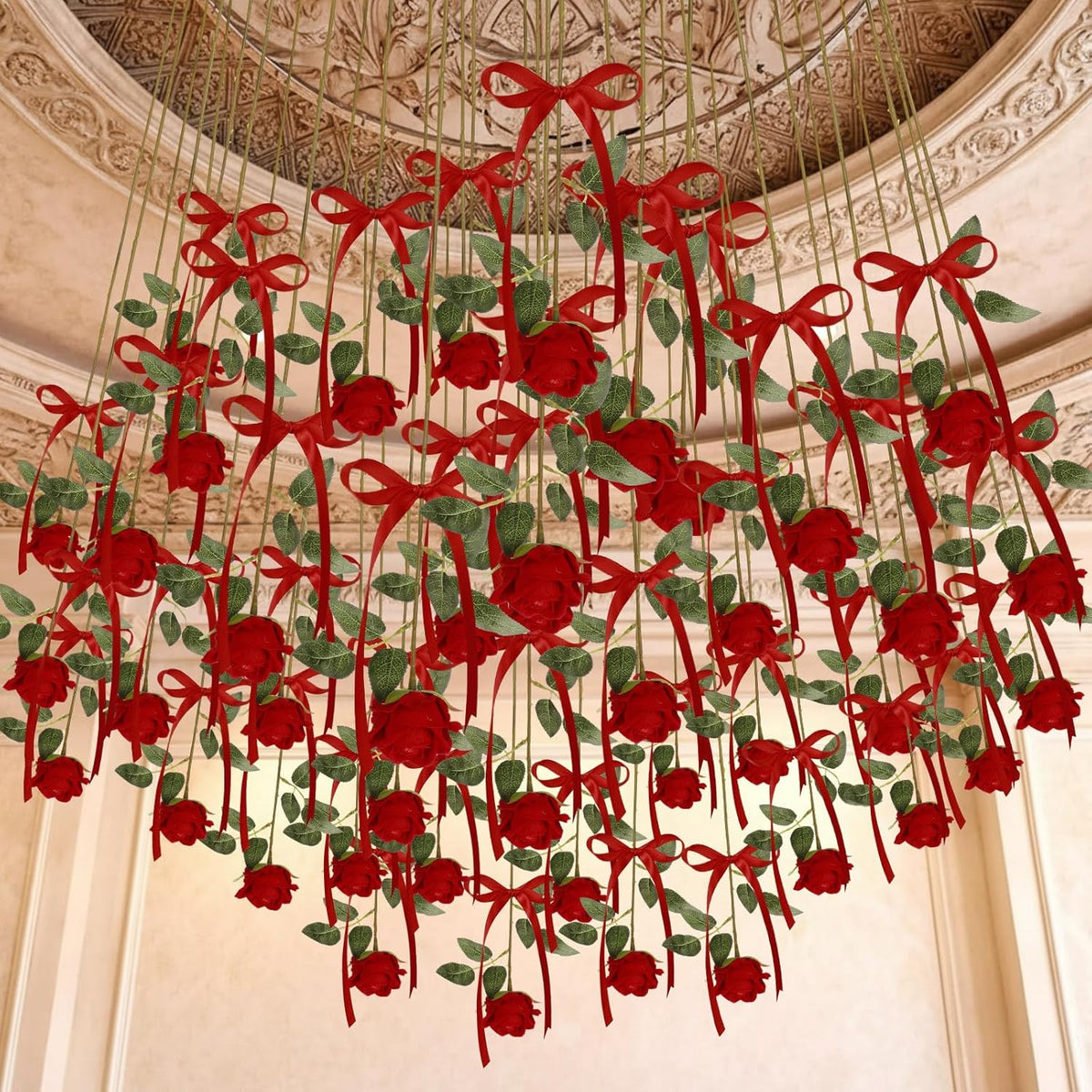 15 Set Valentine'S Flower Rose Decoration Artificial Rose Hanging Flowers With Red Ribbon Bow Garland Ceiling Decor For Wedding Bridal Shower Party Diy Floral Arrangement Home Decor