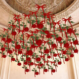 15 Set Valentine'S Flower Rose Decoration Artificial Rose Hanging Flowers With Red Ribbon Bow Garland Ceiling Decor For Wedding Bridal Shower Party Diy Floral Arrangement Home Decor