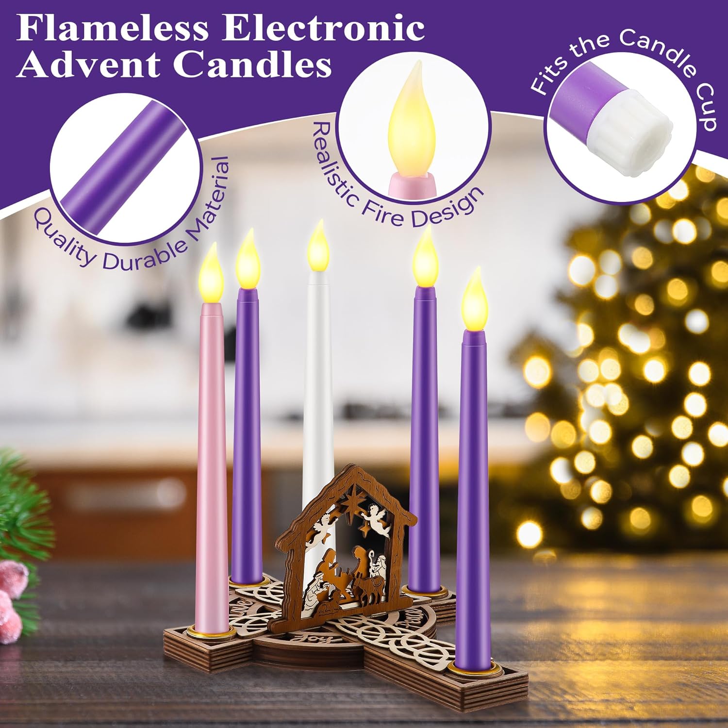 Christmas Advent Wreath Candle Holder With 5 Pcs Flameless Advent Candle, Wood Cross Shaped Nativity Scene Candlestick With Celtic Knot For Christmas Home Church Table Centerpiece Decor