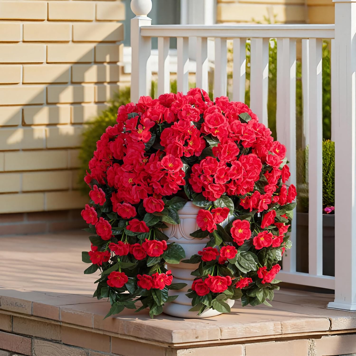 Artificial Geraniums Flowers For Outdoors Faux Hanging Plants Spring Outside Decor, 2 Pcs Uv Resistant Red Fake Silk Flowers Long Trailing Vines Look Real For Outdoor Planters Patio Porch Garden Home