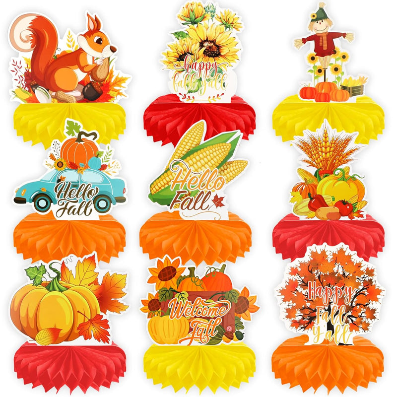 9 Pcs Hello Fall Party Decorations Pumpkin Honeycomb Centerpiece,Happy