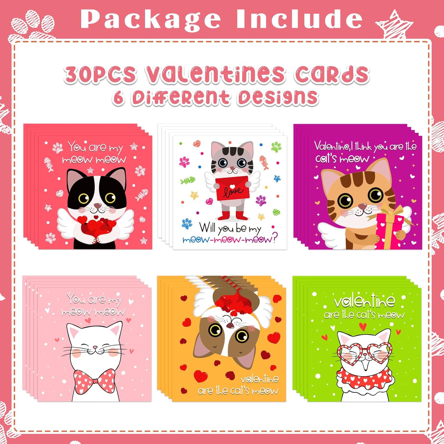30Pcs Valentine'S Day Cards For Kids Classroom - Cat Valentine Exchange Cards Valentine'S Day Gifts Card With Envelope For Kids Boys Girls Toddlers Classroom School Party Favors Gift Exchange
