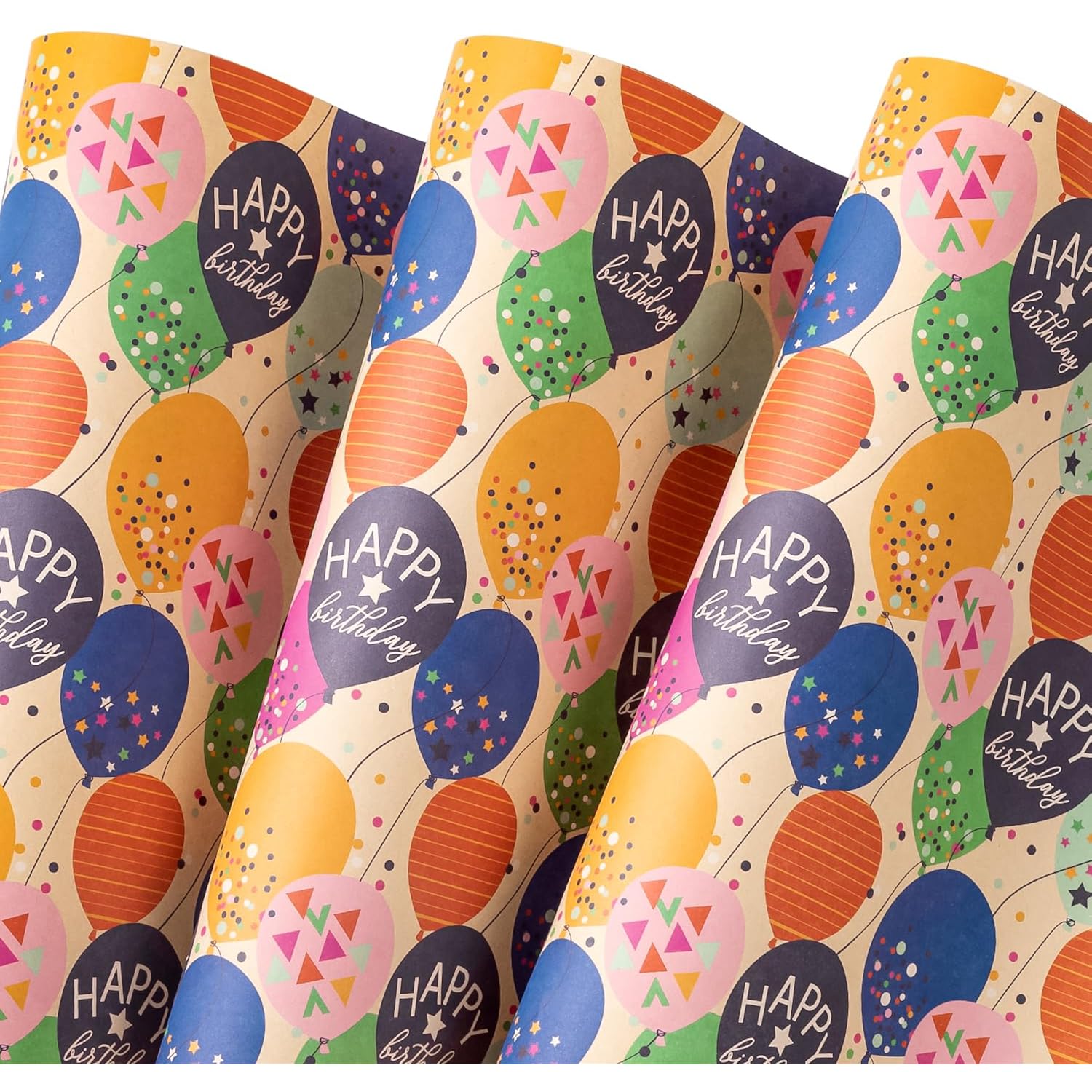 Kraft Birthday Wrapping Paper Sheet - 6 Sheets Folded Colorful Balloon With Confetti Design For Birthday, Baby Shower, Party, Holiday - 19.7 Inch X 27.5 Inch Per Sheet