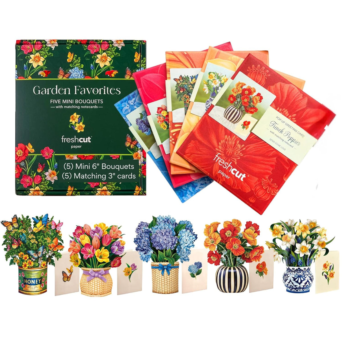 Pop Up Cards, Garden Favorites, 6 Inch Mini Sized Paper Flower Bouquet 3D Popup Greeting Cards, Birthday Card, Thank You Card, Blank Notecards & Envelopes, Pack Of 5