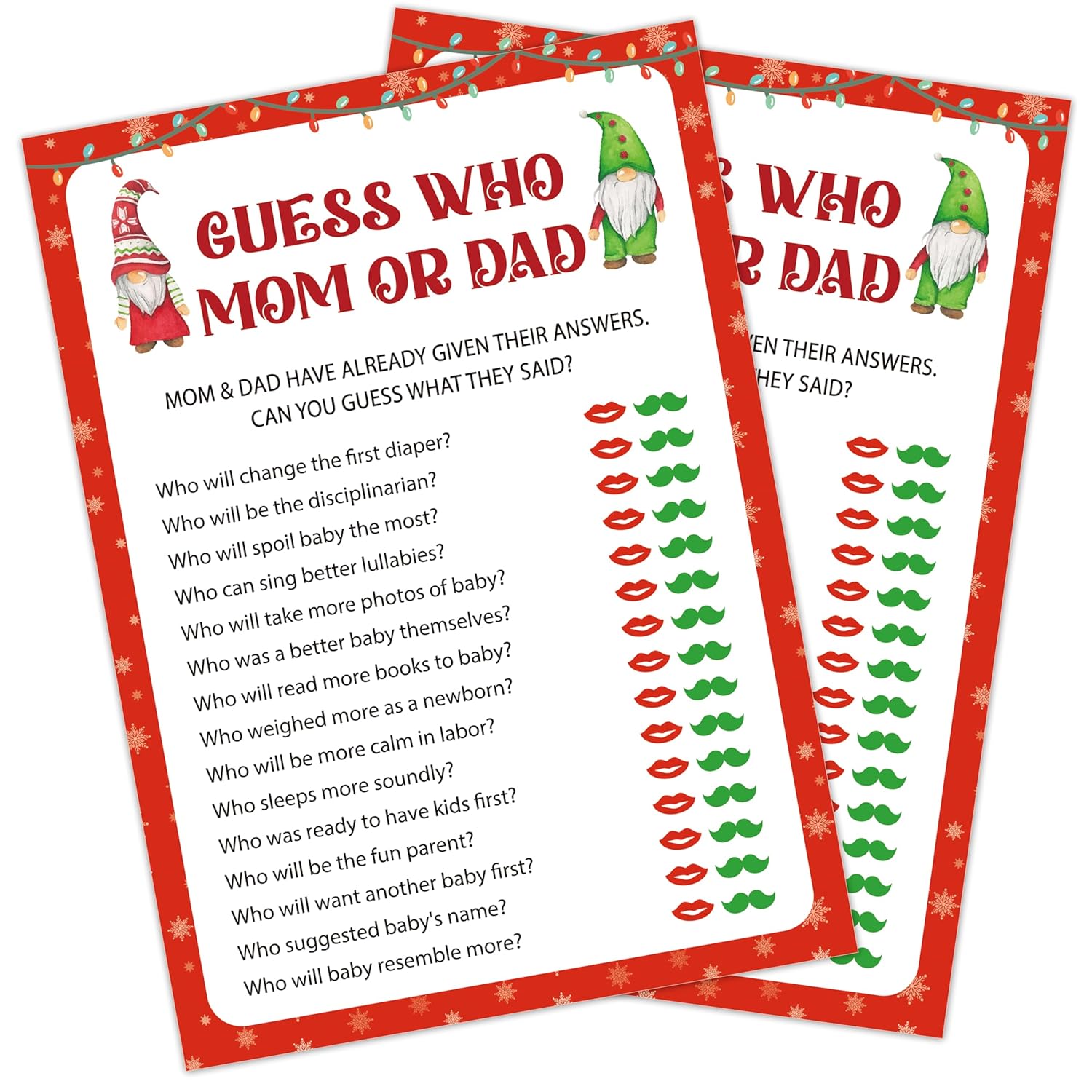 Christmas Baby Shower Games, Find Who Mom Or Dad Themed Gender Reveal Party Game, Winter Festival Game Cards With Santa Gnomes Design, Xmas Baby Shower Games, Holiday Party Supplies -04