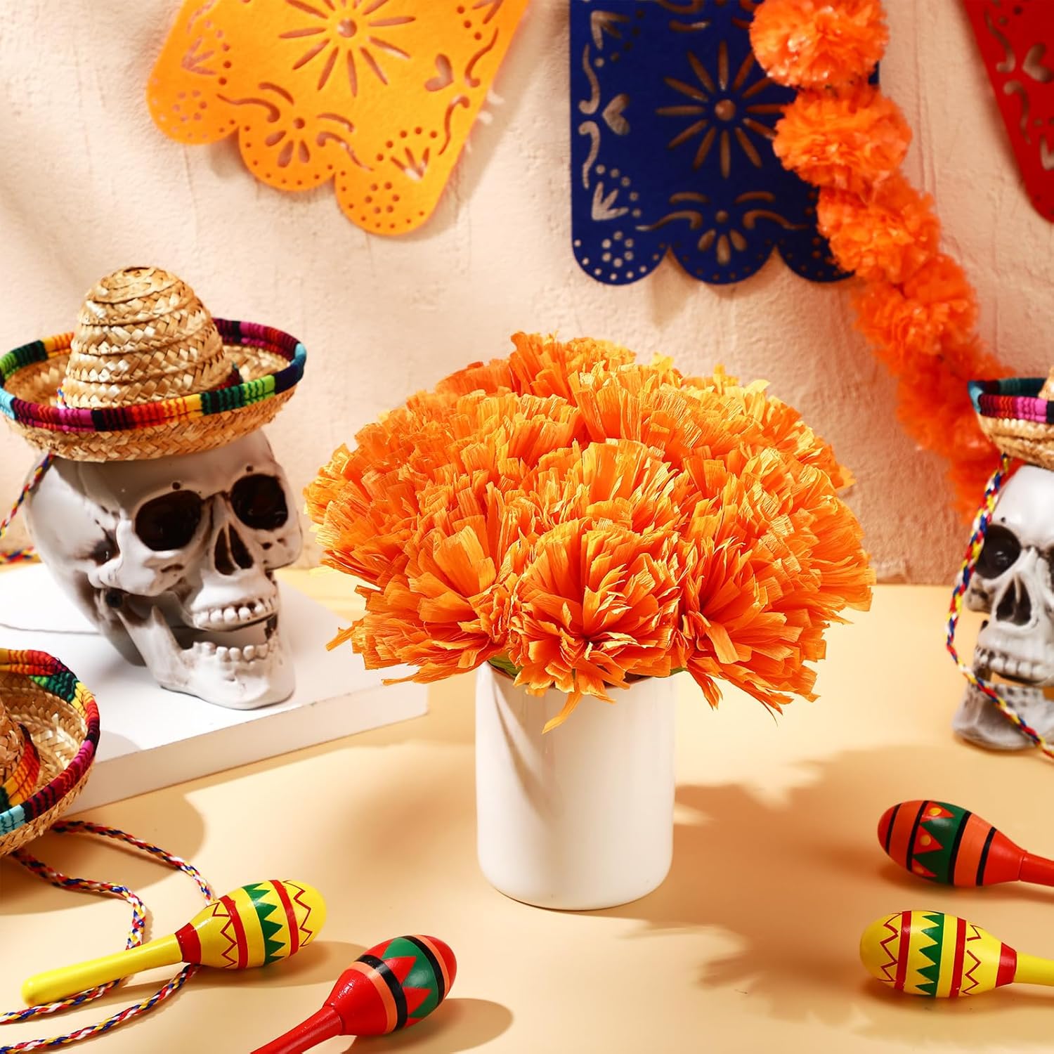 12 Pcs Artificial Marigold Flowers With Stems Mexican Orange Crepe Paper Flowers Centerpieces For Day Of The Dead Halloween Diwali Mexican Fiesta Party Decor