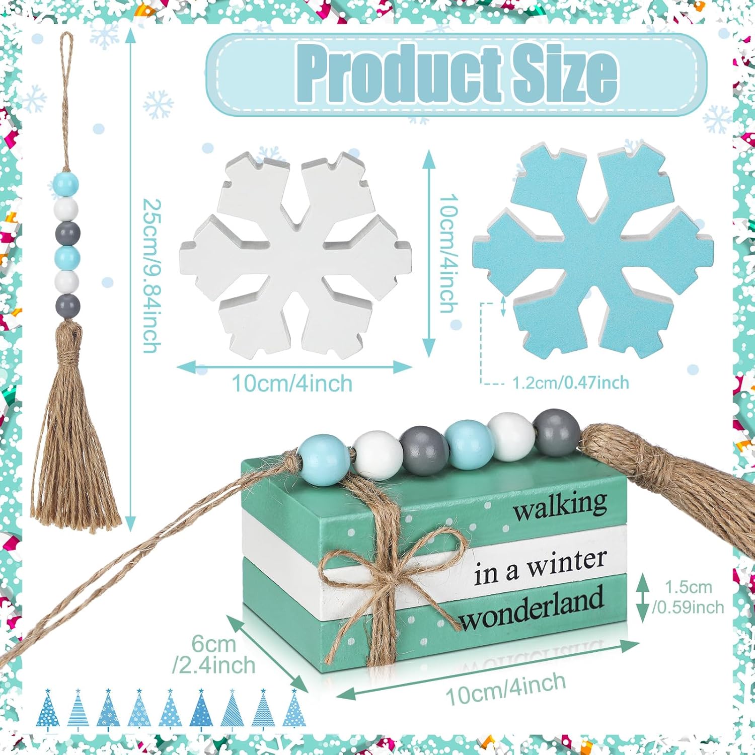 5 Pcs Winter Decor For Home Office Snowflake Wood Sign Blue White Snowflake Table Centerpiece Faux Books Bundle With Twine Beads String For Winter Decorations Wonderland Tiered Tray Decor