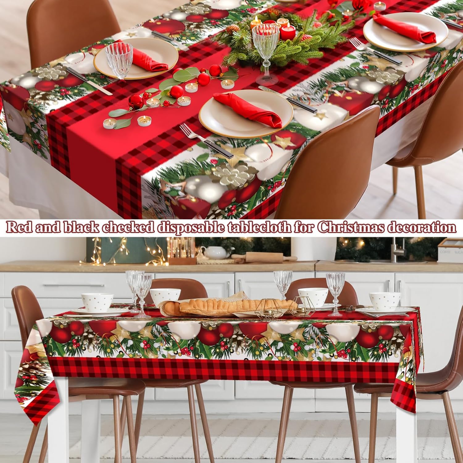 3 Pcs Christmas Tablecloth, 54 X 108 Inch Rectangular Oversize Christmas Ball Tablecloth Set Xmas Ornaments Red Buffalo Plaid Plastic Table Cover For Party Picnic Dinner Kitchen Decor
