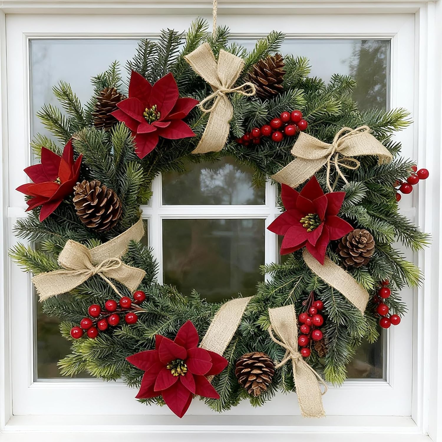8Pcs Artificial Flowers Bouquet Christmas Floral Poinsettia Pine Cones Red Berry Picks Stems Holly Holiday For Xmas Tree Party Decoration Diy Indoor Table Centerpieces