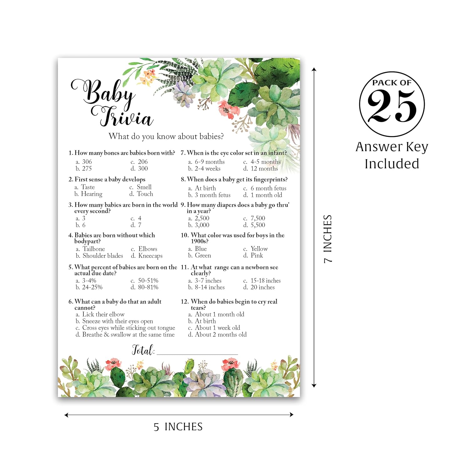 Succulents Baby Shower Games — Baby Trivia Game — Pack Of 25 — Fun Facts Floral Greenery Succulent Theme Co-Ed Couples Shower Activity, Rustic Gender Neutral Reveal Party G300-Trv