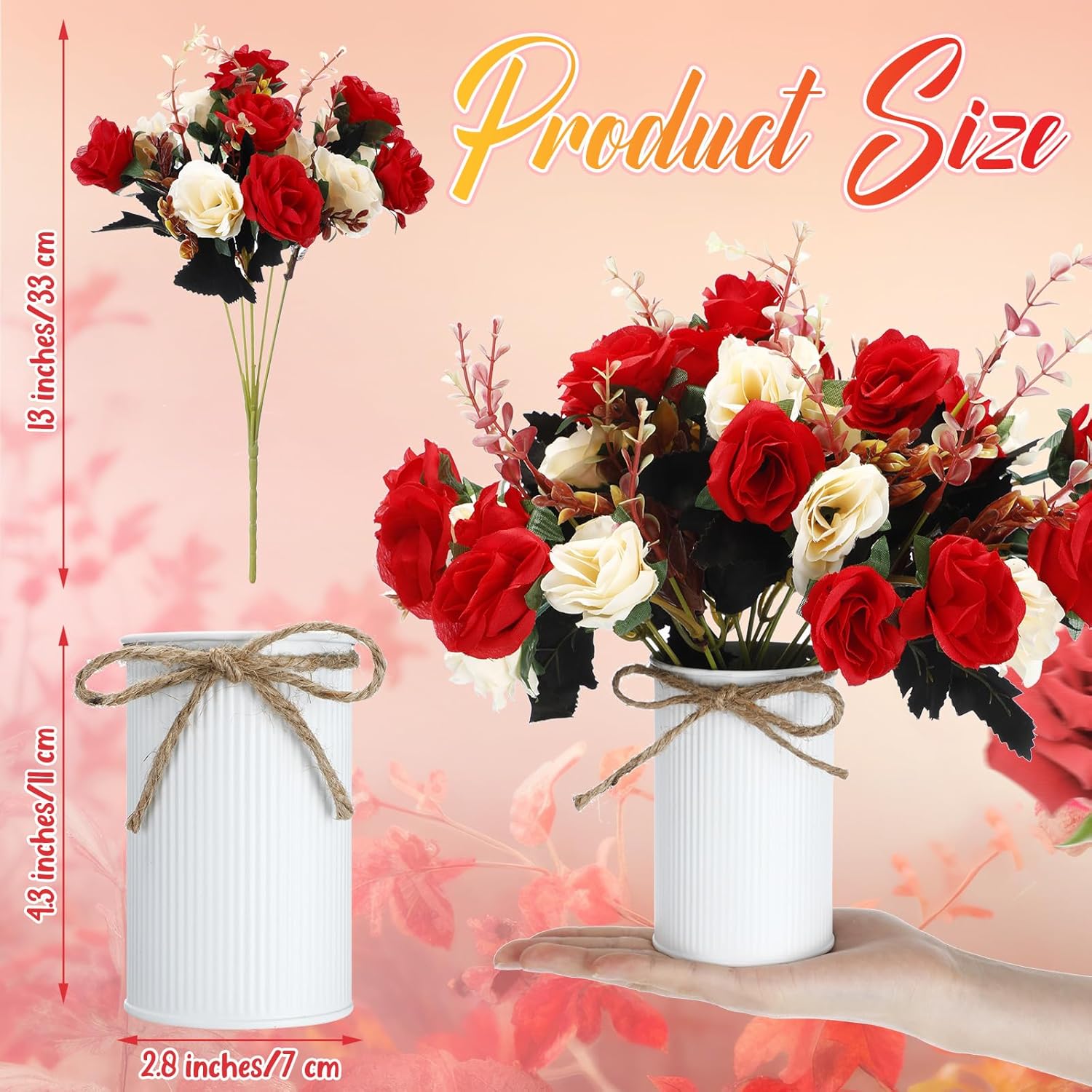 3 Sets 3 Sets Valentine'S Day Table Centerpiece Artificial Roses With Fake Bouquets And Metal Pot Vase Floral Arrangements For Wedding Holiday Dining Event Table Decor (Red)