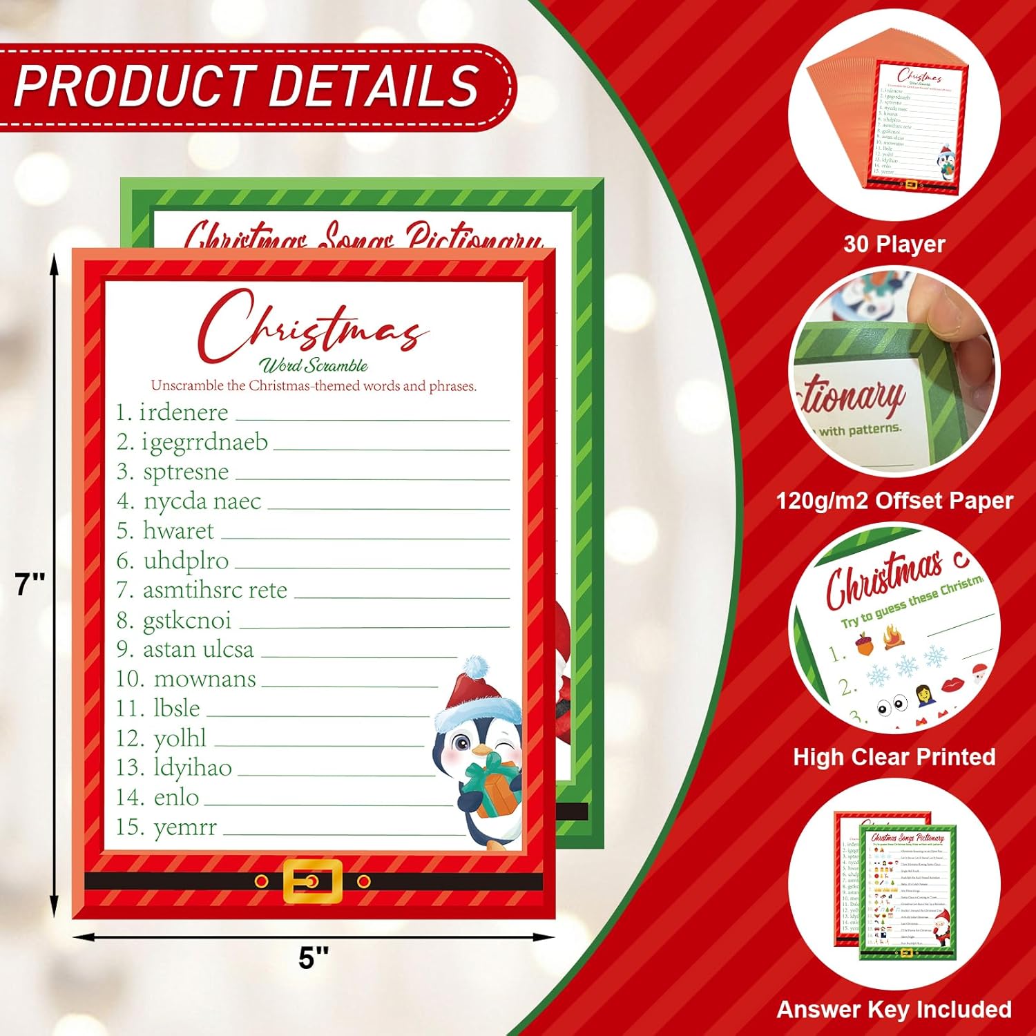 30 Players Christmas Party Games For Adults Family Office Large Groups, Xmas Parties Songs Pictionary Game, Guesstures Game, Word Scramble Games With Answer Key (Santa & Penguin)
