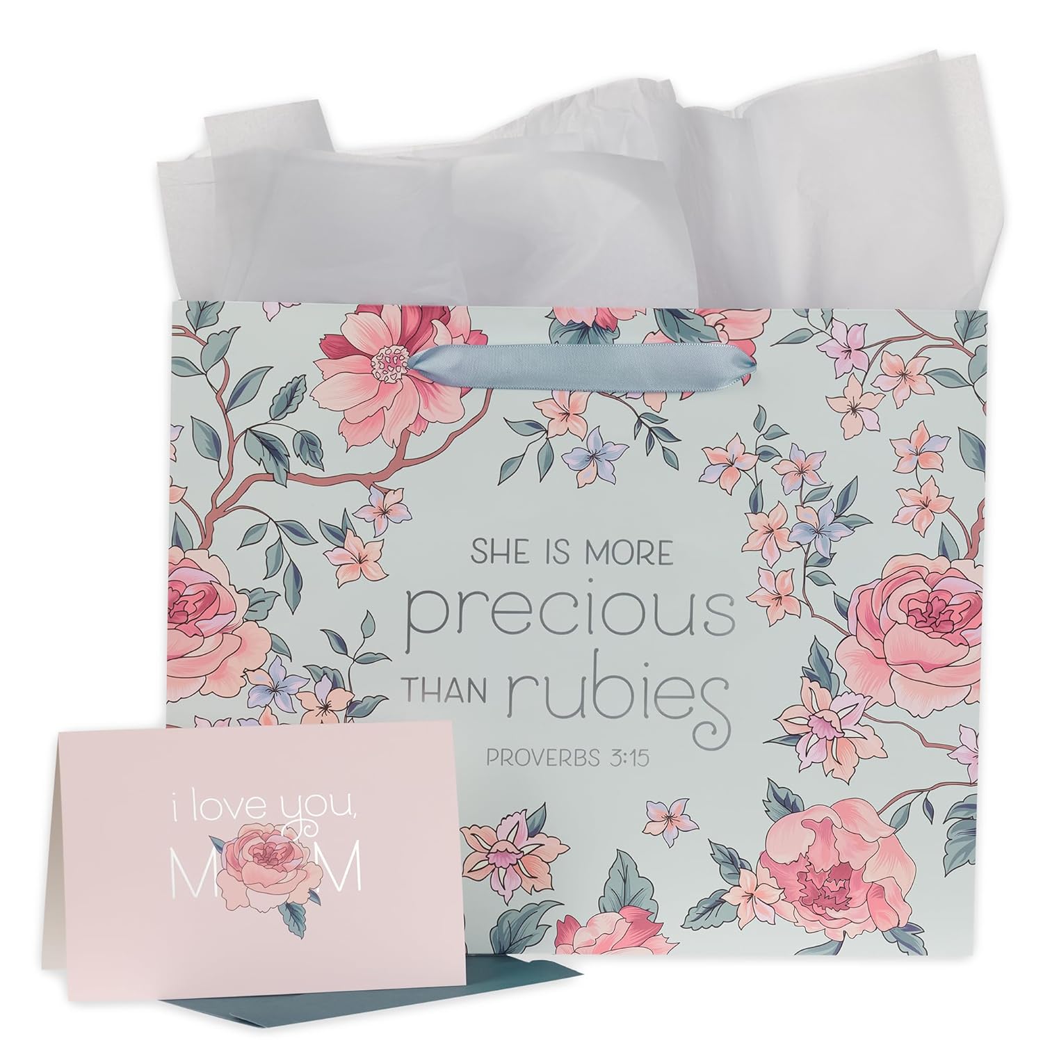 Large Landscape Gift Bag For Moms W/Greeting Card & Tissue Paper Set: More Precious Than Rubies - Prov. 3:15 Inspirational Bible Verse For Mother'S Day, Birthdays, Blue/Pink, Large