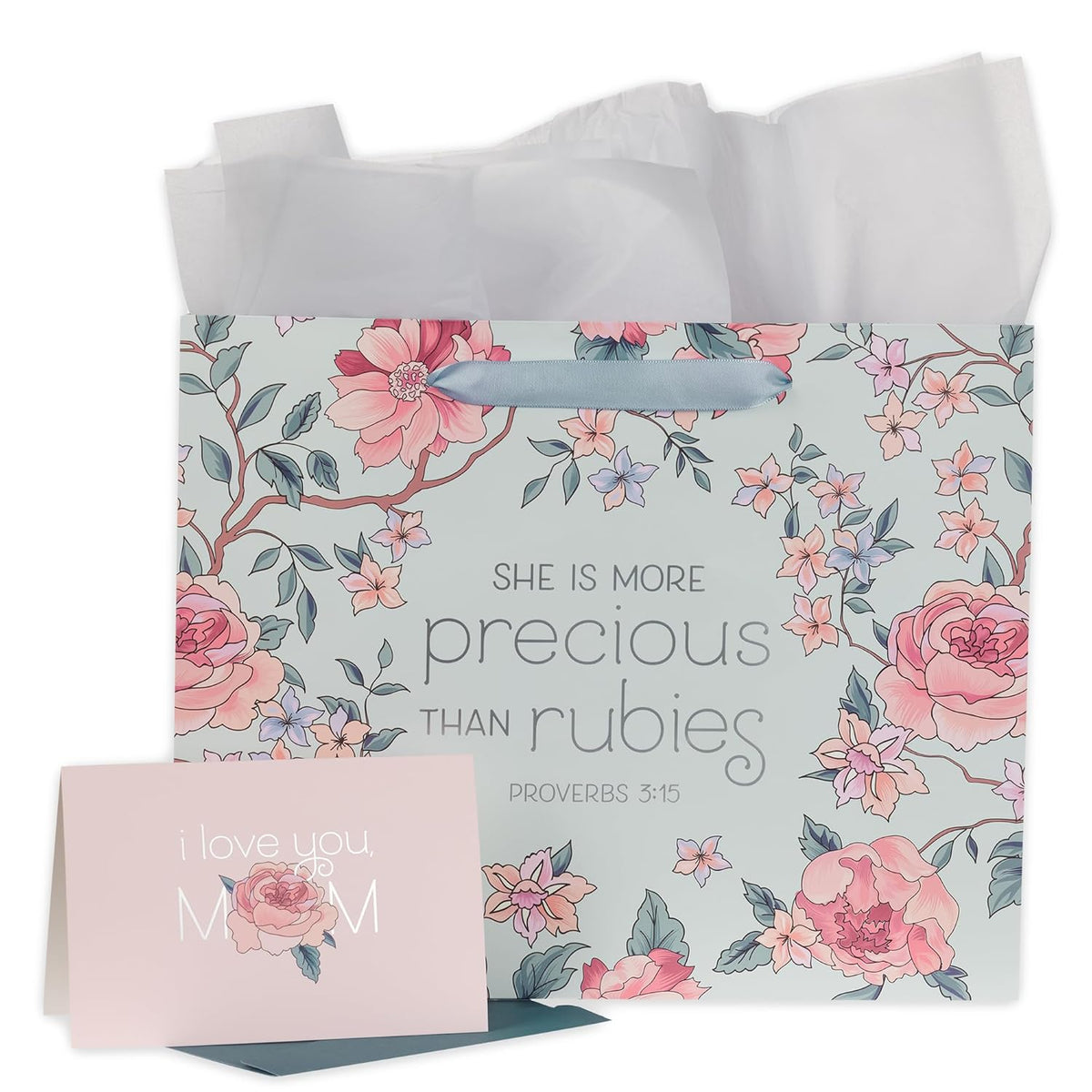 Large Landscape Gift Bag For Moms W/Greeting Card & Tissue Paper Set: More Precious Than Rubies - Prov. 3:15 Inspirational Bible Verse For Mother'S Day, Birthdays, Blue/Pink, Large
