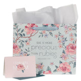 Large Landscape Gift Bag For Moms W/Greeting Card & Tissue Paper Set: More Precious Than Rubies - Prov. 3:15 Inspirational Bible Verse For Mother'S Day, Birthdays, Blue/Pink, Large