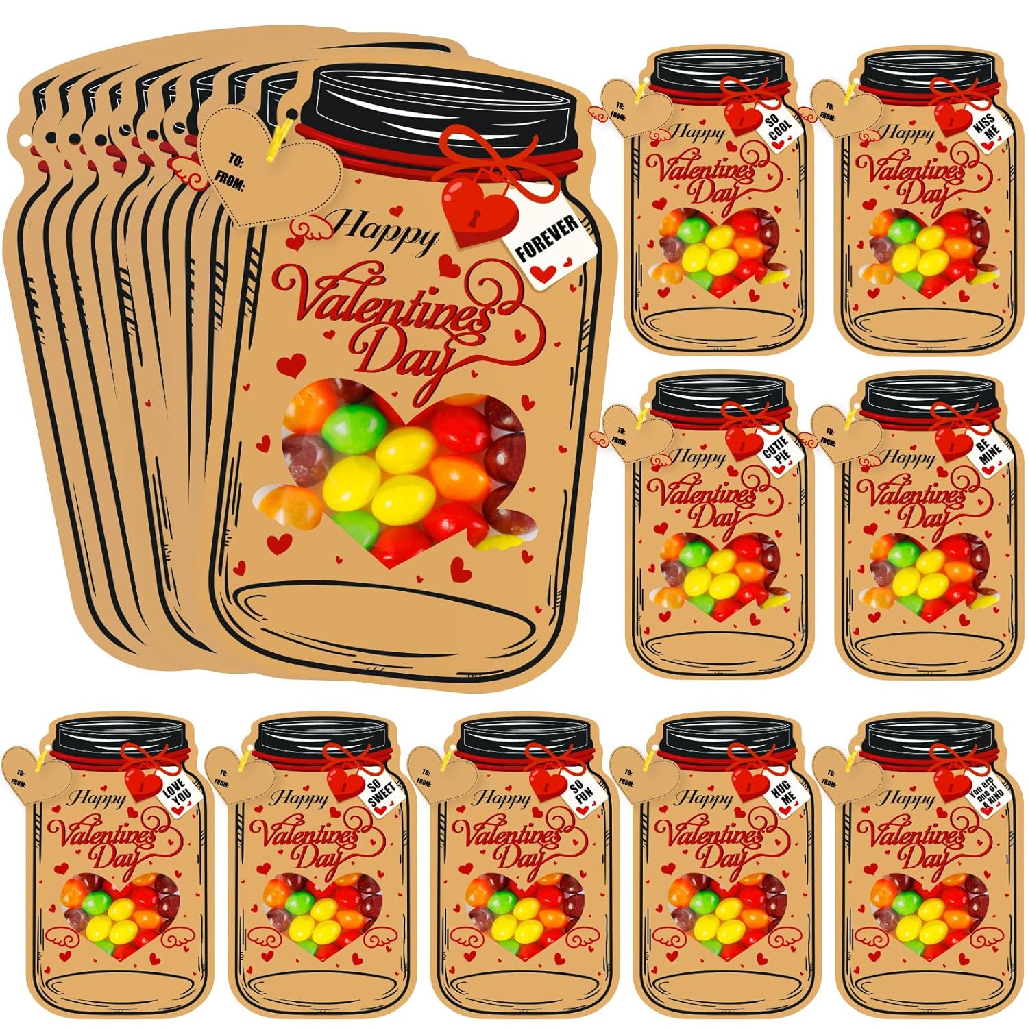Valentines Day Cards For Kids, 50 Pack Bulk Mason Jar Valentines Day Candy Gift Exchange Cards For Boys Girls Classroom School Party Favors(Candy Not Included)