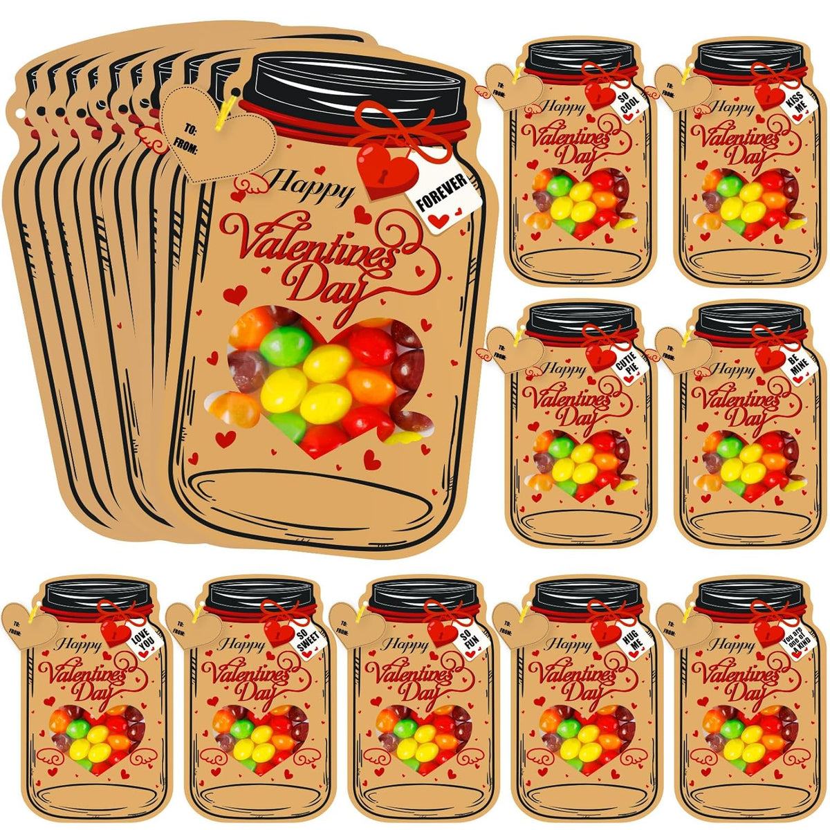 Valentines Day Cards For Kids, 50 Pack Bulk Mason Jar Valentines Day Candy Gift Exchange Cards For Boys Girls Classroom School Party Favors(Candy Not Included)