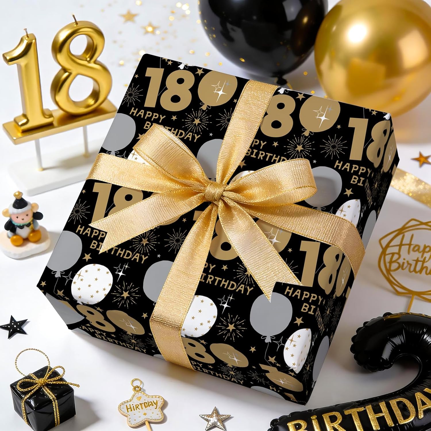 18Th Birthday Wrapping Paper Roll - Mini Roll - 17 Inch X 16.5 Feet - Black Gold Balloon 18 Happy Birthday Wrapping Paper For Boys Girls Teenager