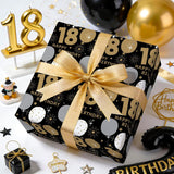 18Th Birthday Wrapping Paper Roll - Mini Roll - 17 Inch X 16.5 Feet - Black Gold Balloon 18 Happy Birthday Wrapping Paper For Boys Girls Teenager