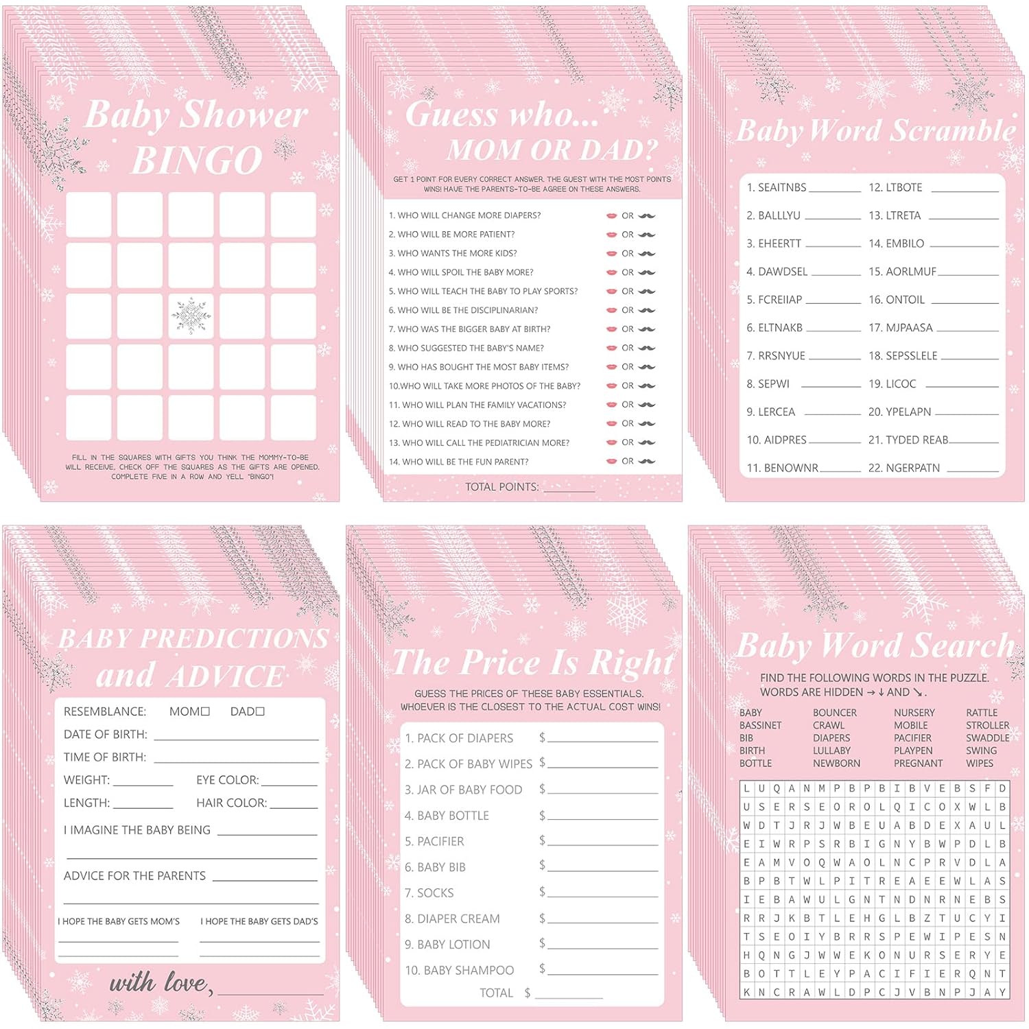 302 Pcs Winter Snowflake Baby Shower Games, 6 Games, 50 Sheets Each, Baby Shower, Word Scramble, Word Search, Predictions And Advice(Pink)
