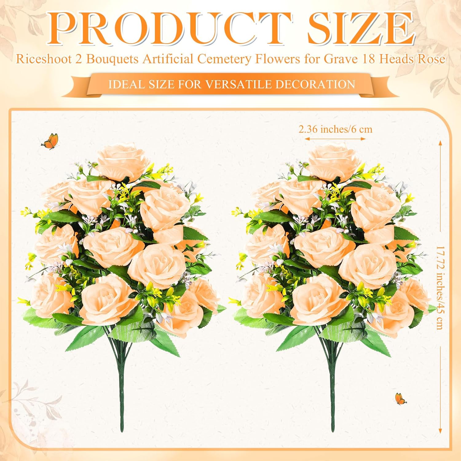 2 Bouquets Artificial Cemetery Flowers For Grave Memorial 18 Heads Rose Silk Flower Faux Roses Arrangement For Valentine'S Headstone Tombstone Decoration Graves 17.72 Inch(Champagne Gold)