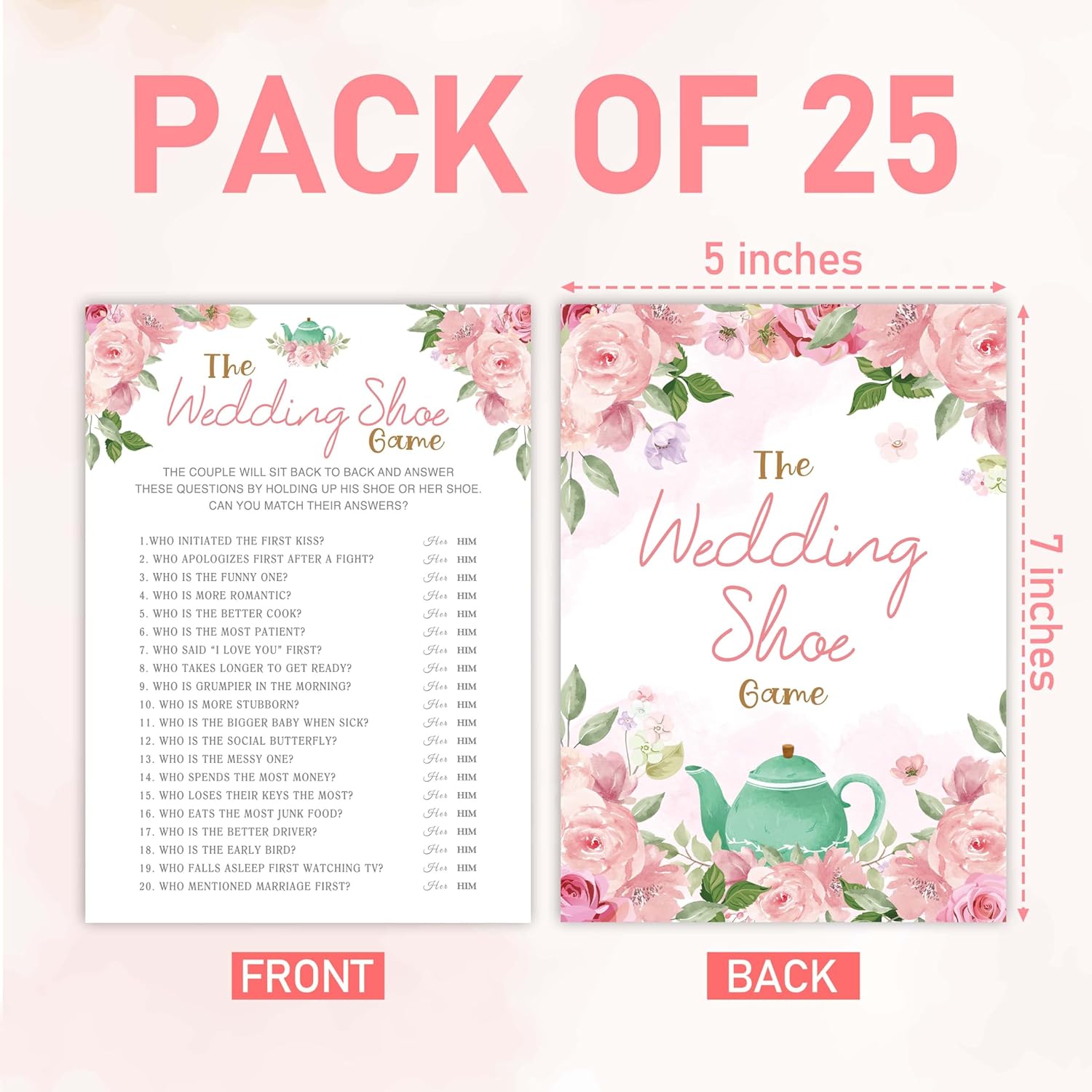 Bridal Shower Games, Blush Pink Floral Wedding Party Games, The Wedding Shoe Game - Bachelorette Party Games, Engagement Party Game Ideas, Tea Party Decor Supplies Favors, (25 Cards) -03