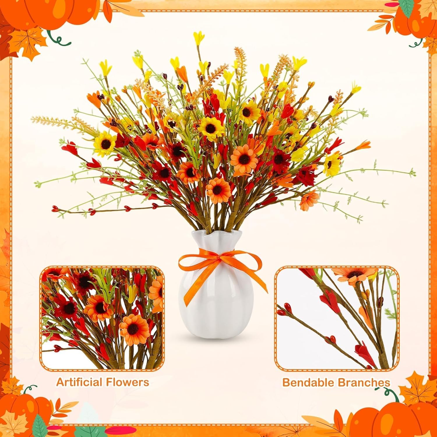 12 Pack Fall Flowers, Artificial Autumn Floral Berry Picks Forsythia Stem For Thanksgiving Harvest Bouquet Floral Arrangements Garland Table Centerpieces Home Decor