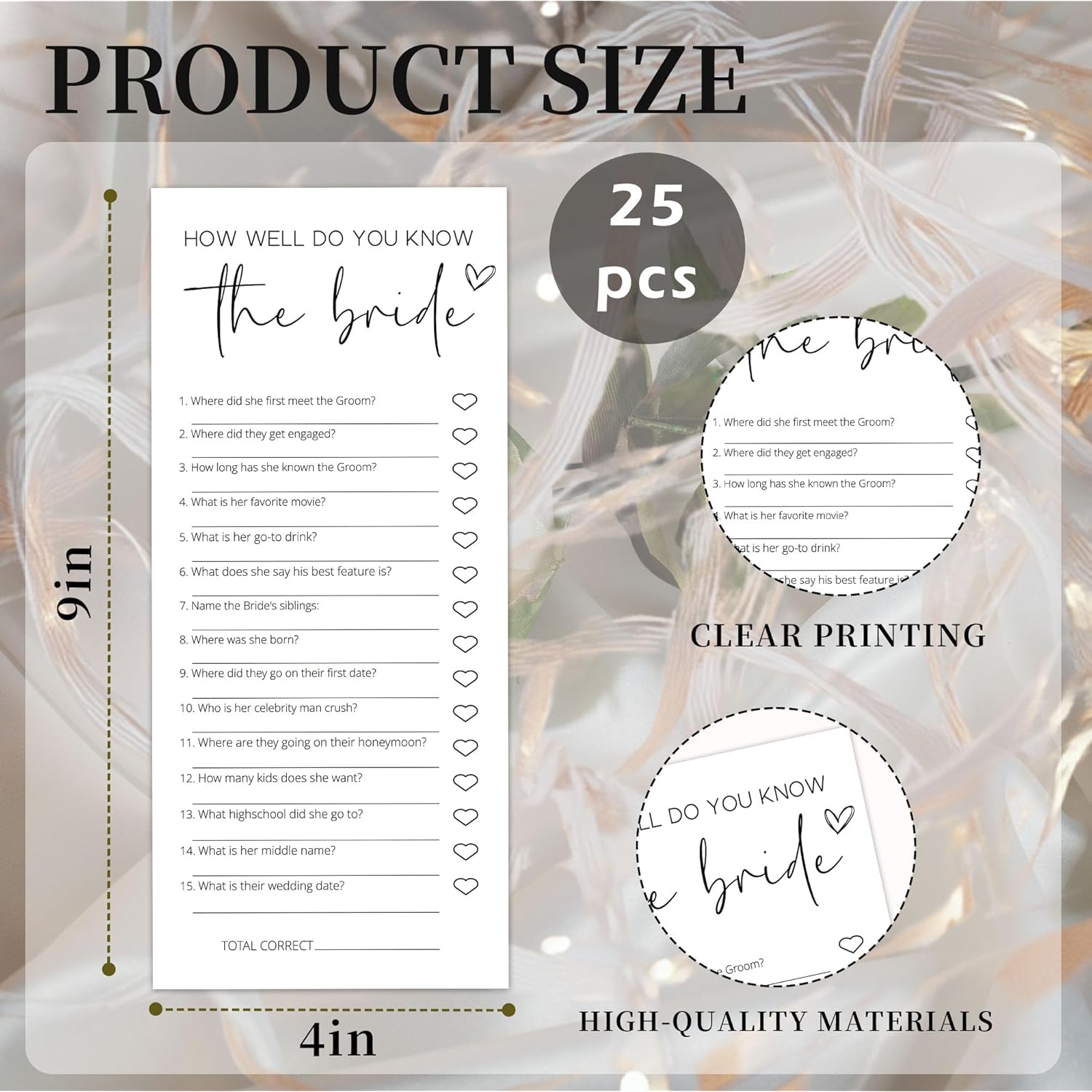 Bridal Shower Game Cards - How Well Do You Know The Bride For 25 Guests, Pre-Printed Double Sided 4X9 White Cards For Bachelorette & Wedding Shower Party