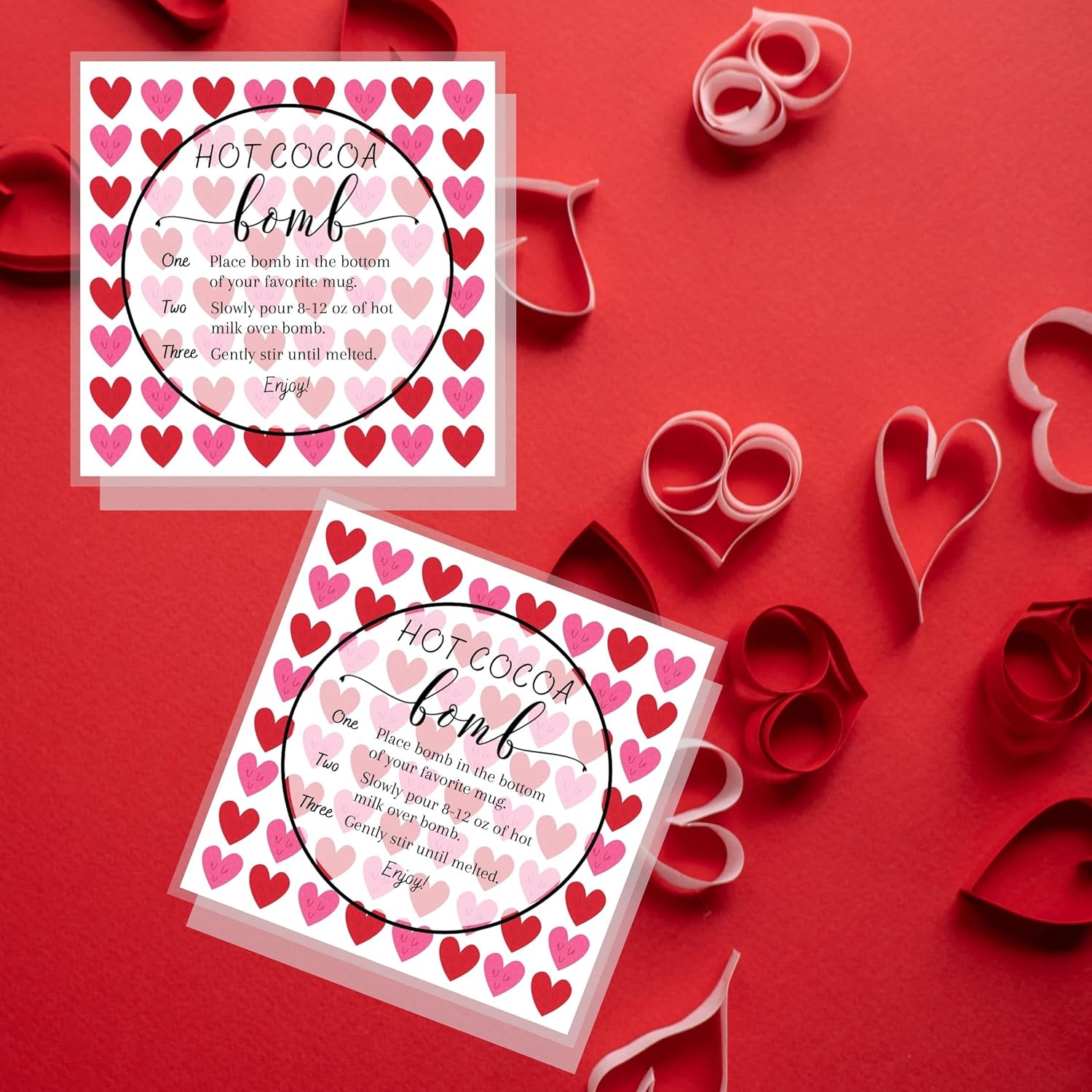 Hot Cocoa Bomb Instruction Cards | 30 Pack | Hot Cocoa Bomb Supplies | White Card With Valentine Design (Square With Hearts)