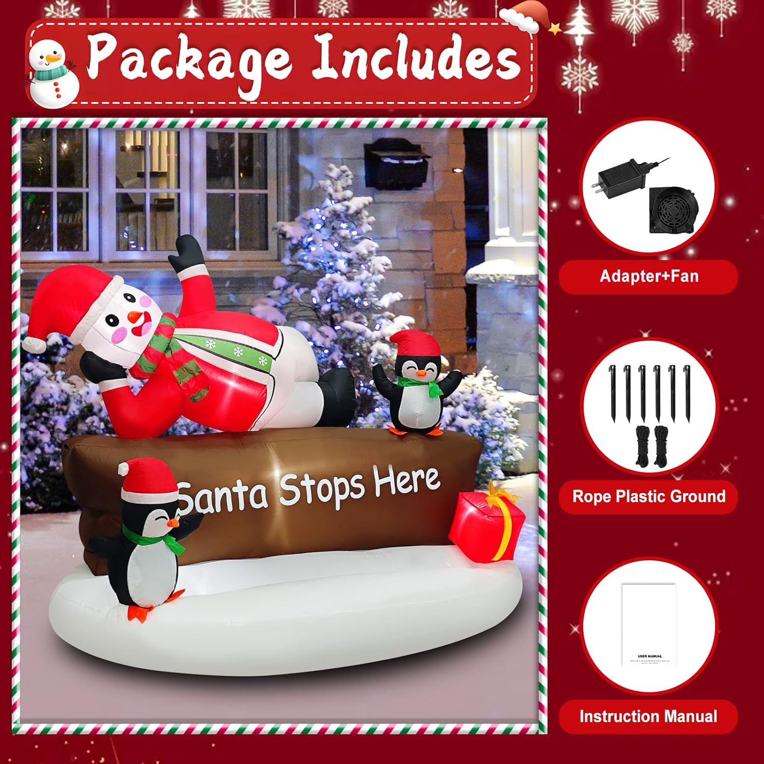 Christmas Inflatable Decotation “Santa Stops Here” Sign With Snowman & Penguins Cute 5.6Ft Holiday Yard Decoration With