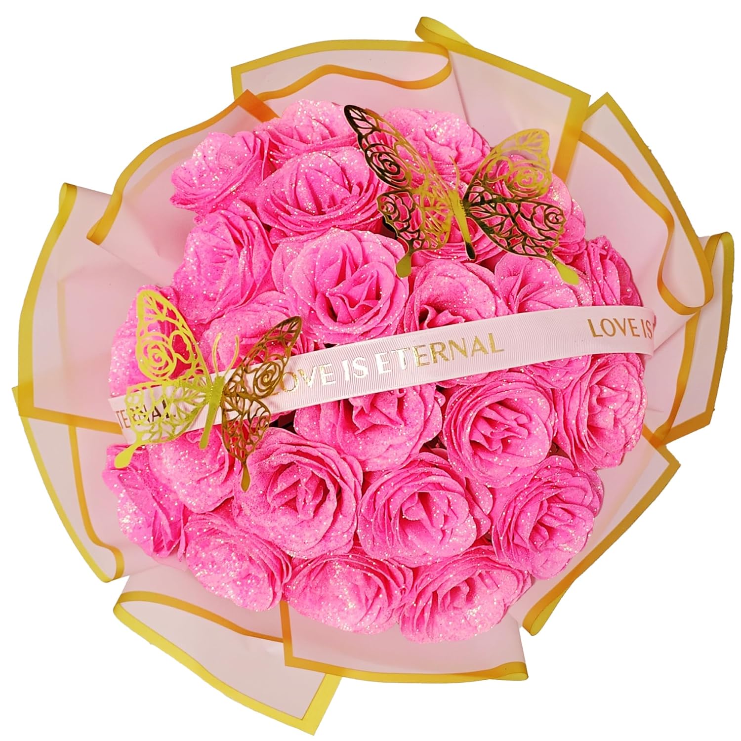 Pink Glitter Rose Valentines Flower Bouquet Gifts For Women Mom Grandma Wife - Diy 24Pcs Eternal Roses Bouquet With Butterfly - Forever Rose Flower Gift For Birthday Anniversary Wedding Graduation