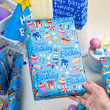 Light Blue Wrapping Paper, Reversible Happy Birthday Letterings & Festive Party Icons Gift Wrap For Boys, Birthday, Baby Shower, Party (17 Inch X 16.5 Feet)