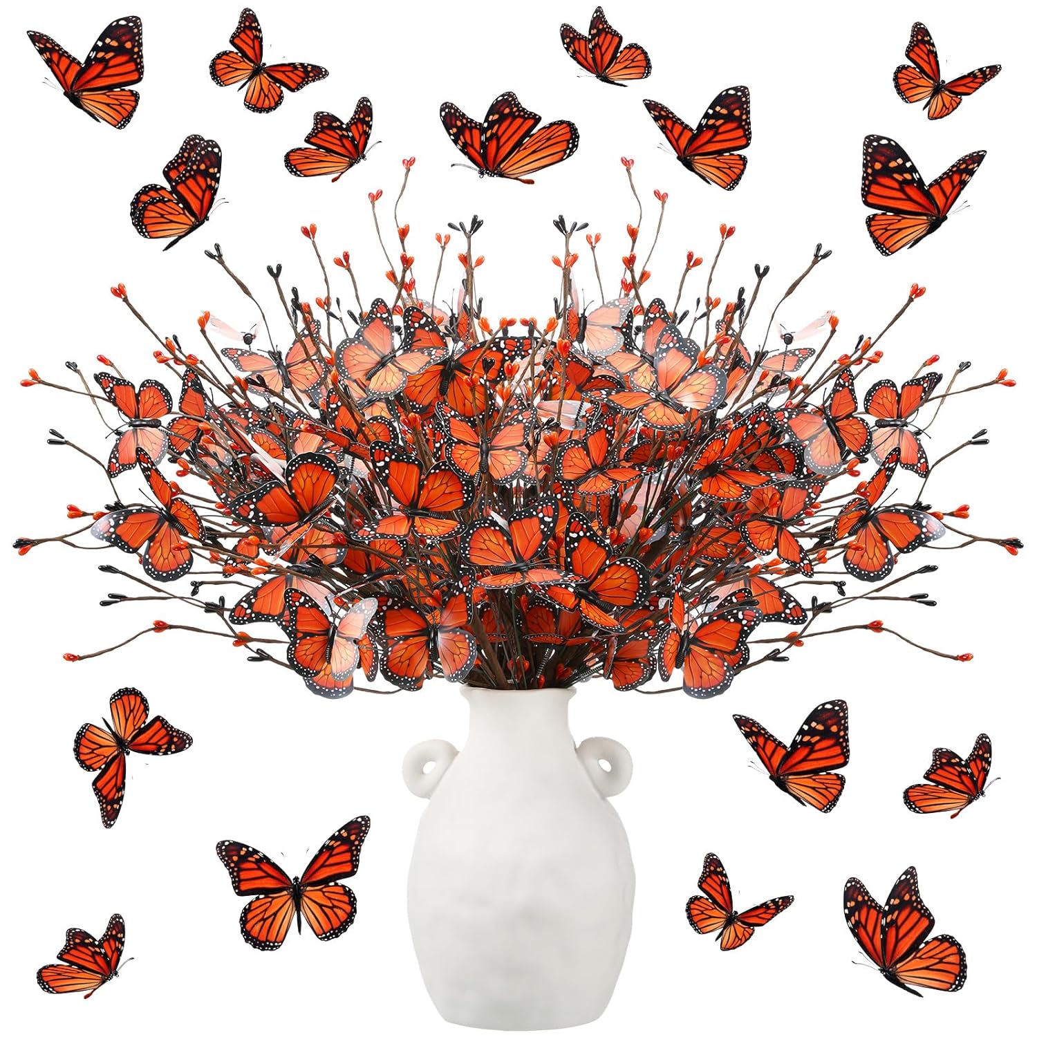 8 Pcs Monarch Butterfly Day Of The Dead Decorations, Artificial Butterfly Picks Flower Bouquet For Altar Vase Filler Table Centerpiece Home Decor Halloween Floral Arrangements