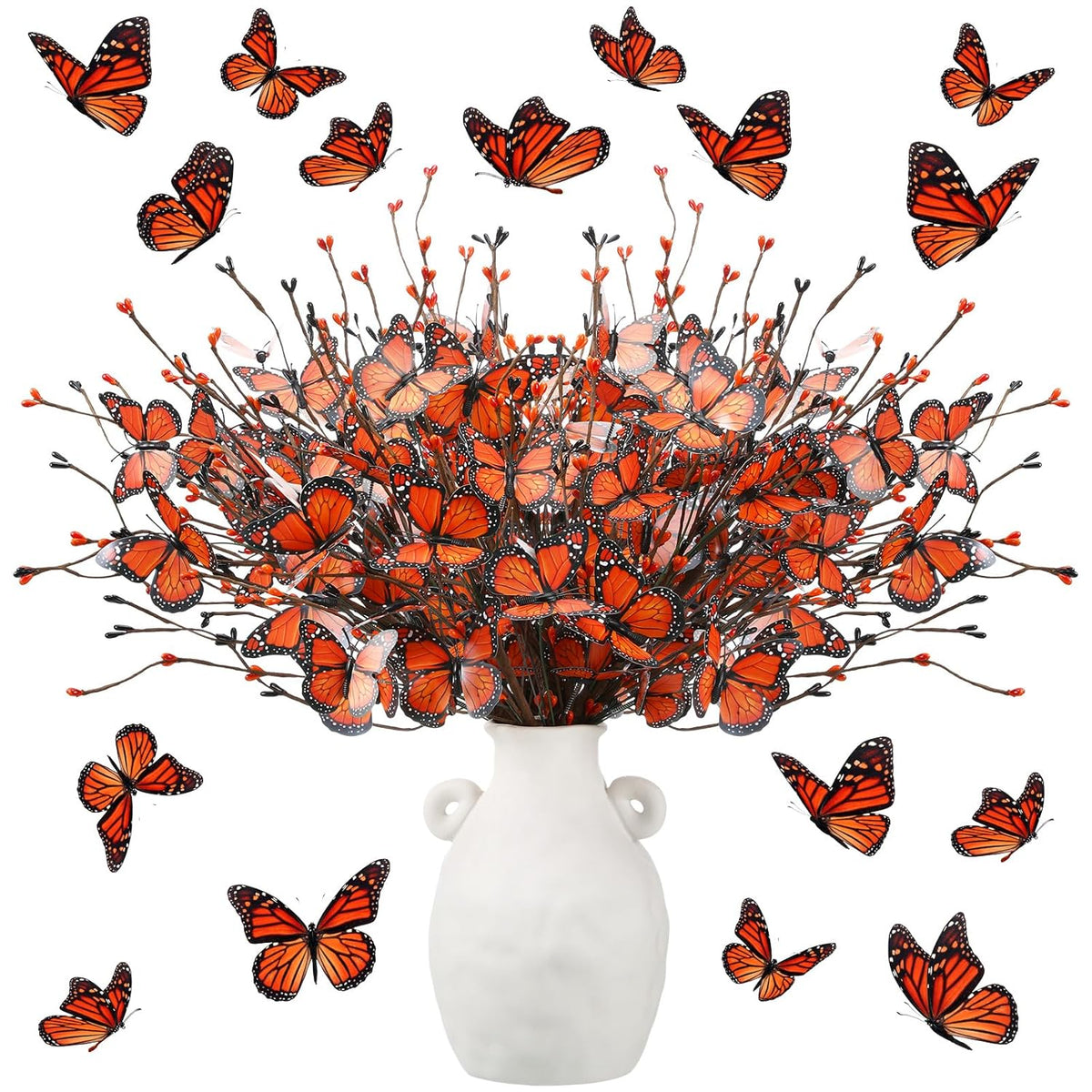 8 Pcs Monarch Butterfly Day Of The Dead Decorations, Artificial Butterfly Picks Flower Bouquet For Altar Vase Filler Table Centerpiece Home Decor Halloween Floral Arrangements