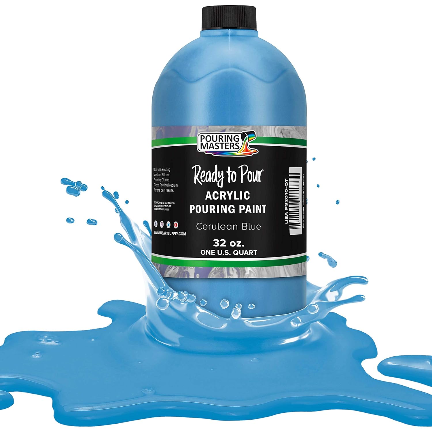 Pouring Masters Cerulean Blue Ready To Pour Acrylic Pouring Paint - Premium 32-Ounce Pre-Mixed Fluid Acrylic Paint - Fluid Art Supplies For Canvas, Wood, Paper, Tile & Rocks