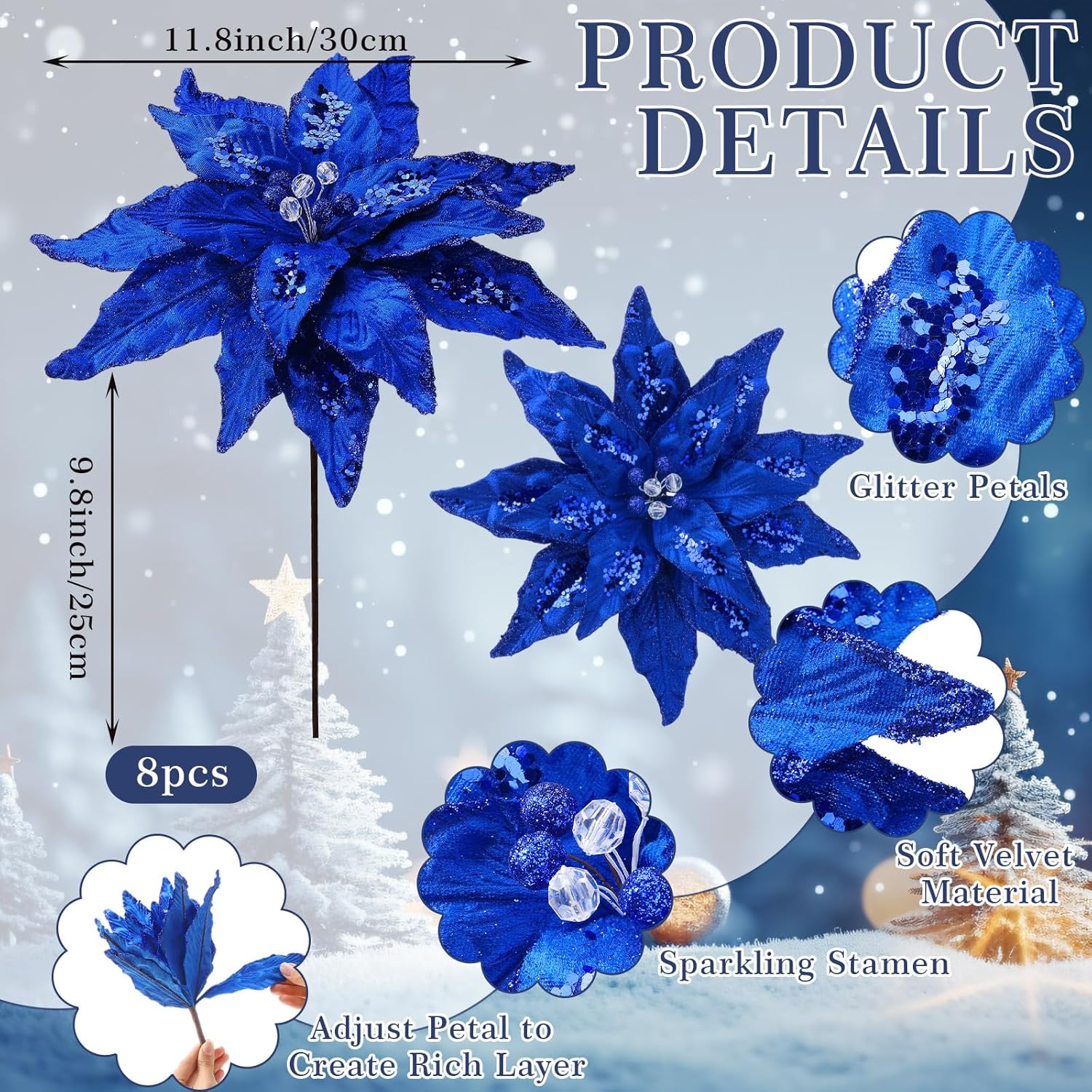8 Pcs Velvet Christmas Glitter Poinsettia Flowers 12'' Large Heads Artificial Poinsettia Flower Ornaments Picks Christmas Tree Decoration Fake For Xmas Ornament Wedding Holiday(Royal Blue)